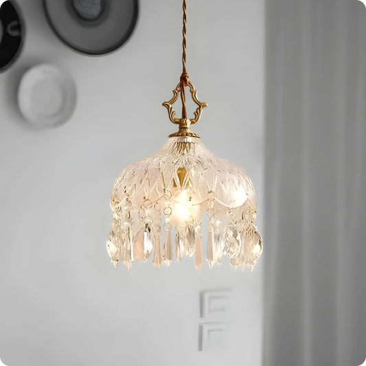 Plafonnier suspendu en verre et cristal doré à LED – Éclairage doux et raffiné - PlafonnierDeco