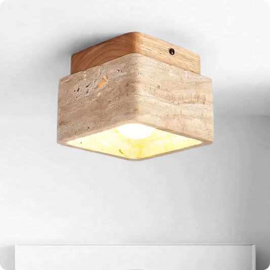 Plafonnier carré en pierre travertin et bois noyer pour lumière chaude - PlafonnierDeco
