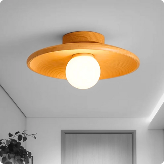 Plafonnier moderne bois noyer rond montage simple pour éclairage cosy - PlafonnierDeco