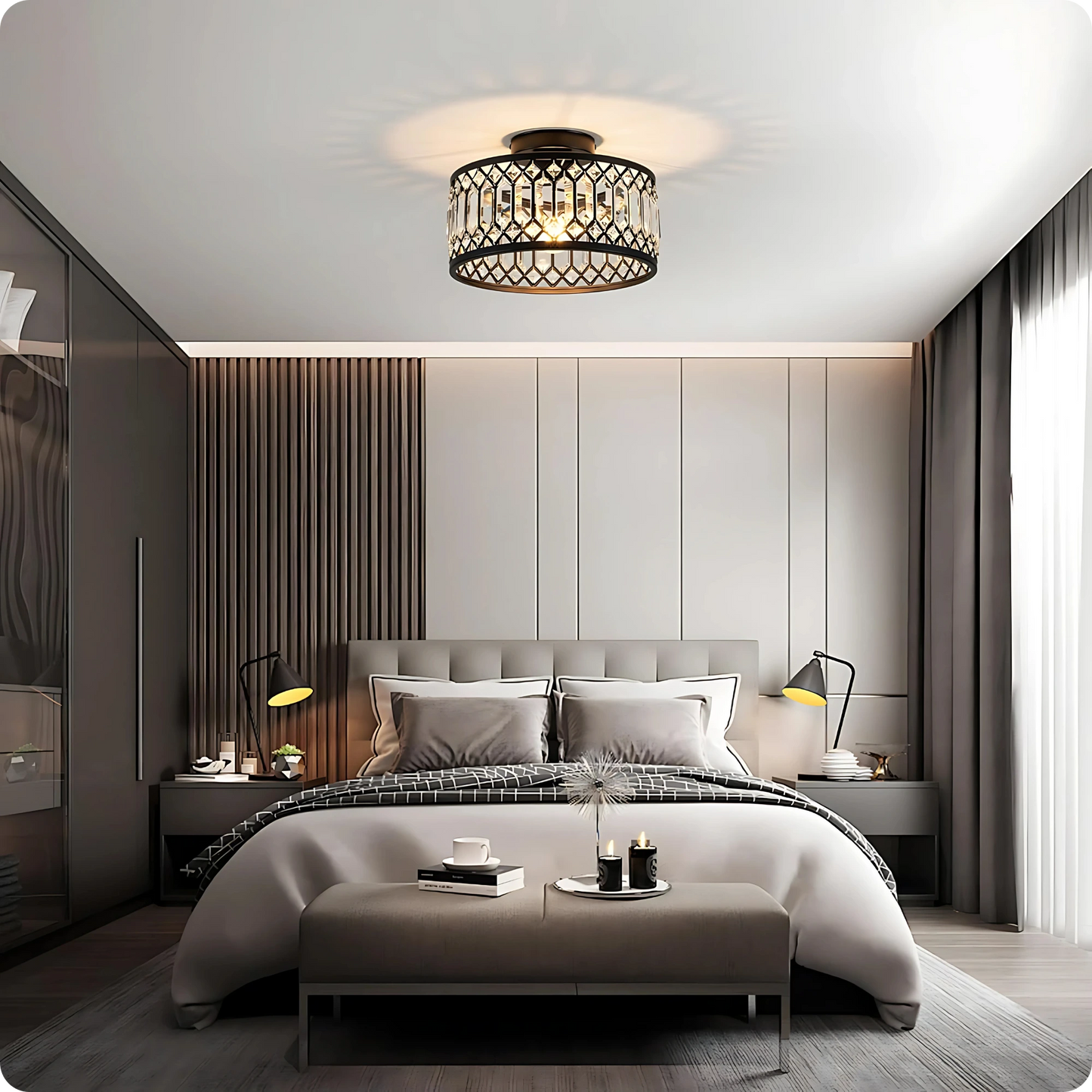 Plafonnier en verre et fer noir avec éclat cristal moderne - PlafonnierDeco