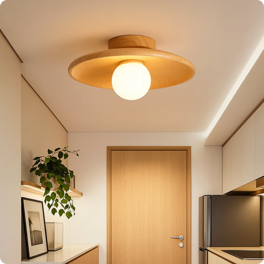 Plafonnier moderne bois noyer rond montage simple pour éclairage cosy - PlafonnierDeco