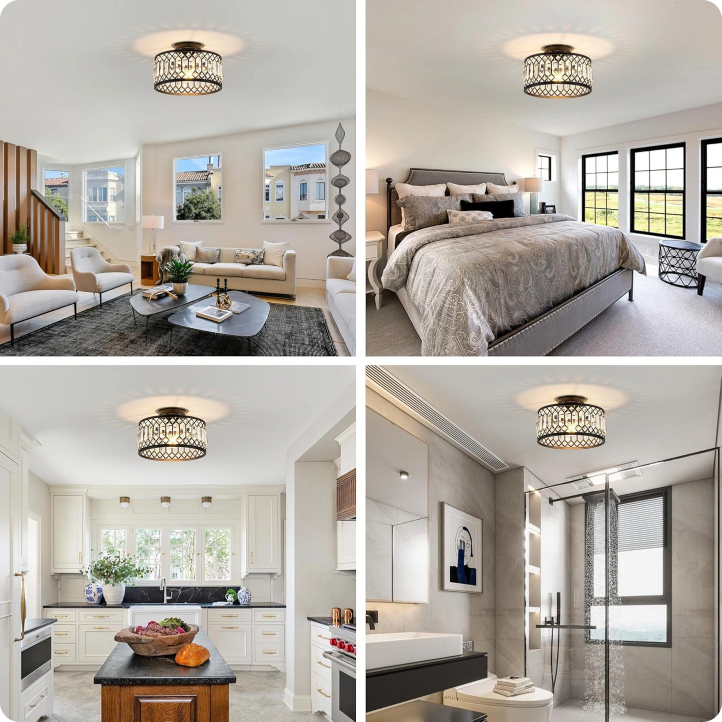 Plafonnier en verre et fer noir avec éclat cristal moderne - PlafonnierDeco