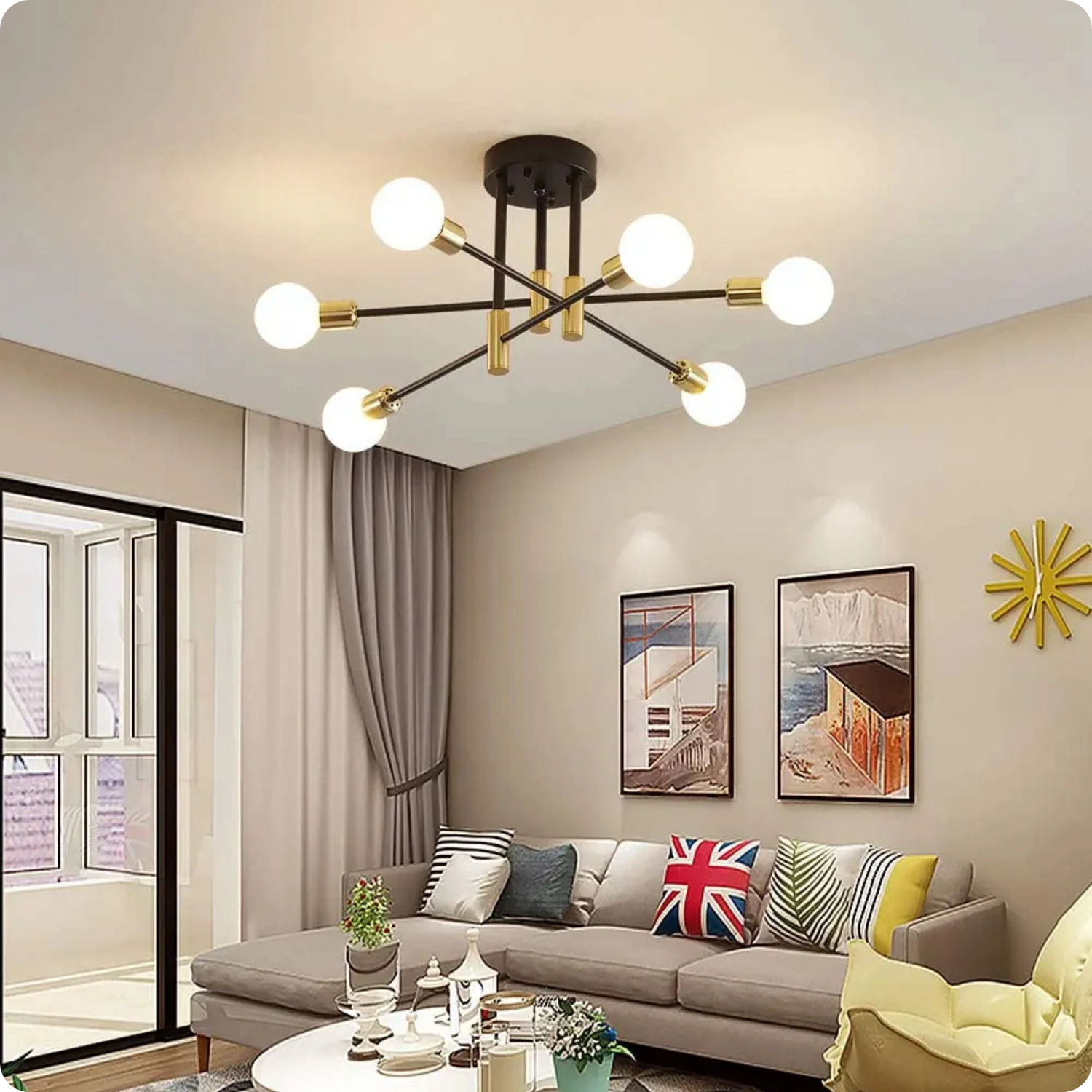 Plafonnier Design Art Moderne 6 Douilles Fer Plaqué Or Antique - PlafonnierDeco