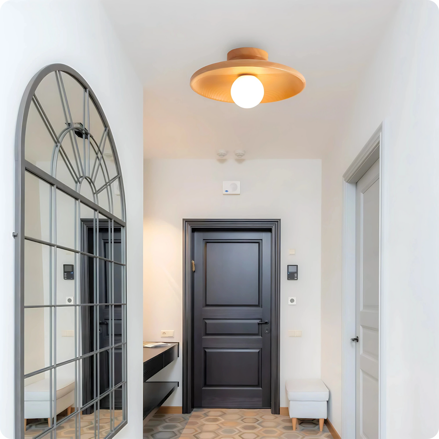 Plafonnier moderne bois noyer rond montage simple pour éclairage cosy - PlafonnierDeco