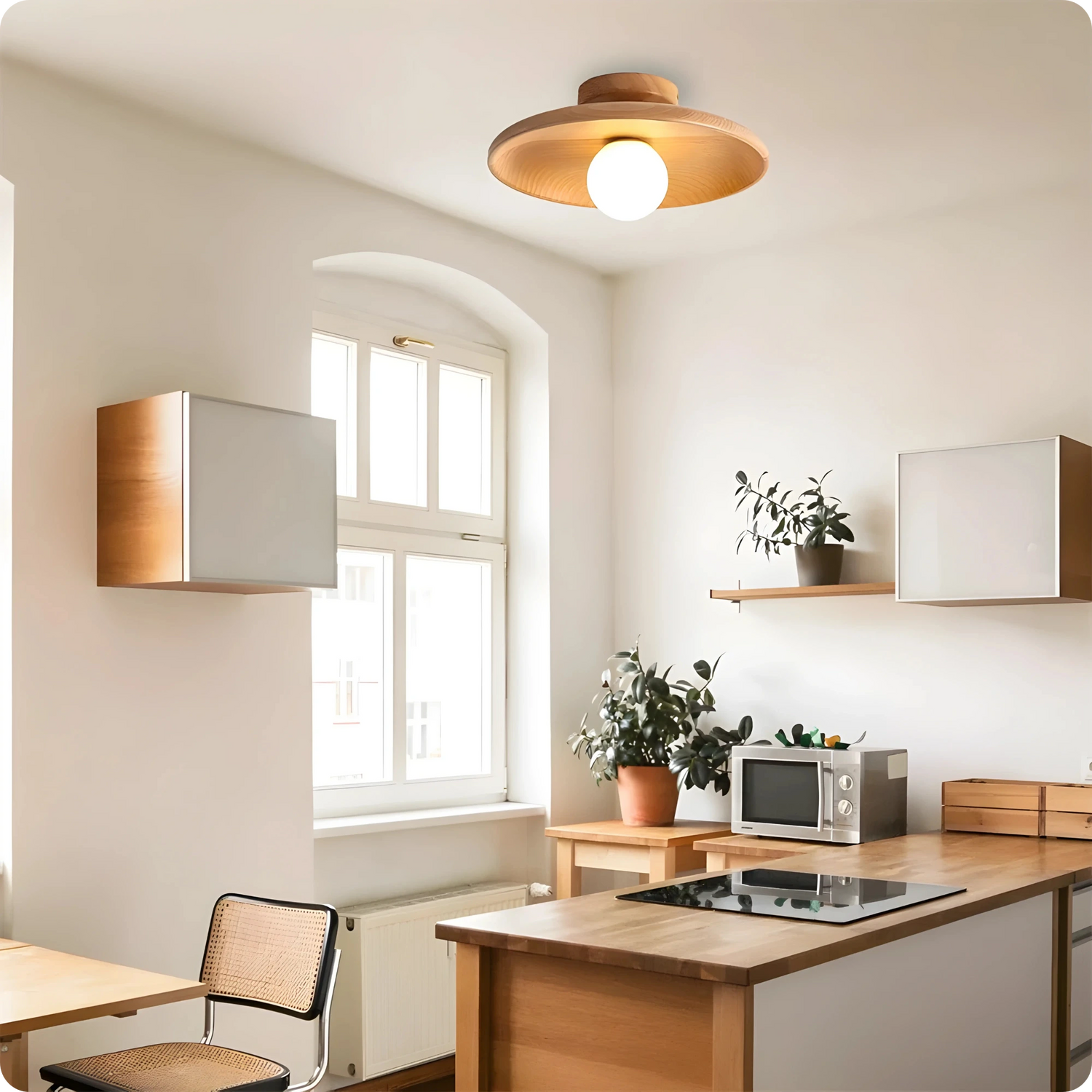 Plafonnier moderne bois noyer rond montage simple pour éclairage cosy - PlafonnierDeco