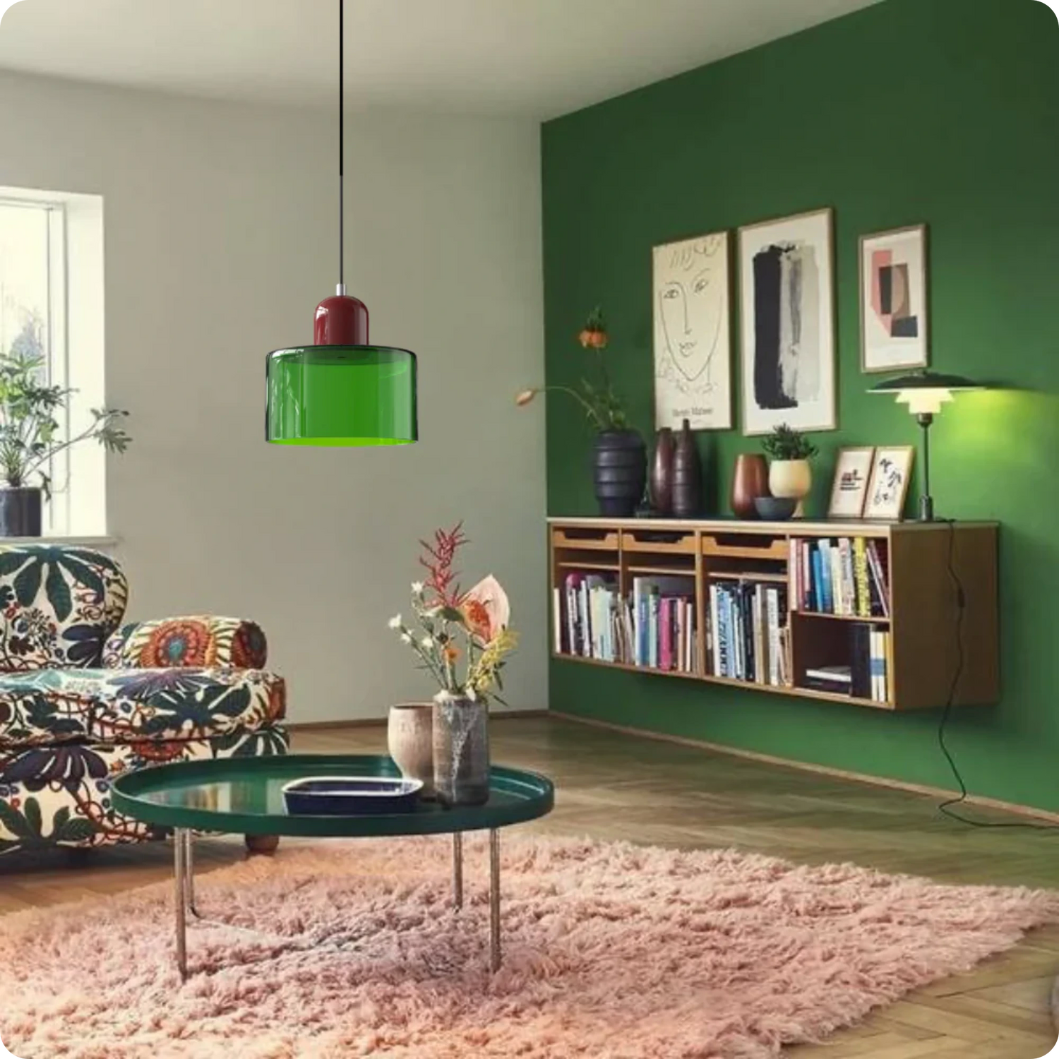 Plafonnier Design Verre Vert Fumé en Suspension Longue LED E27 - PlafonnierDeco