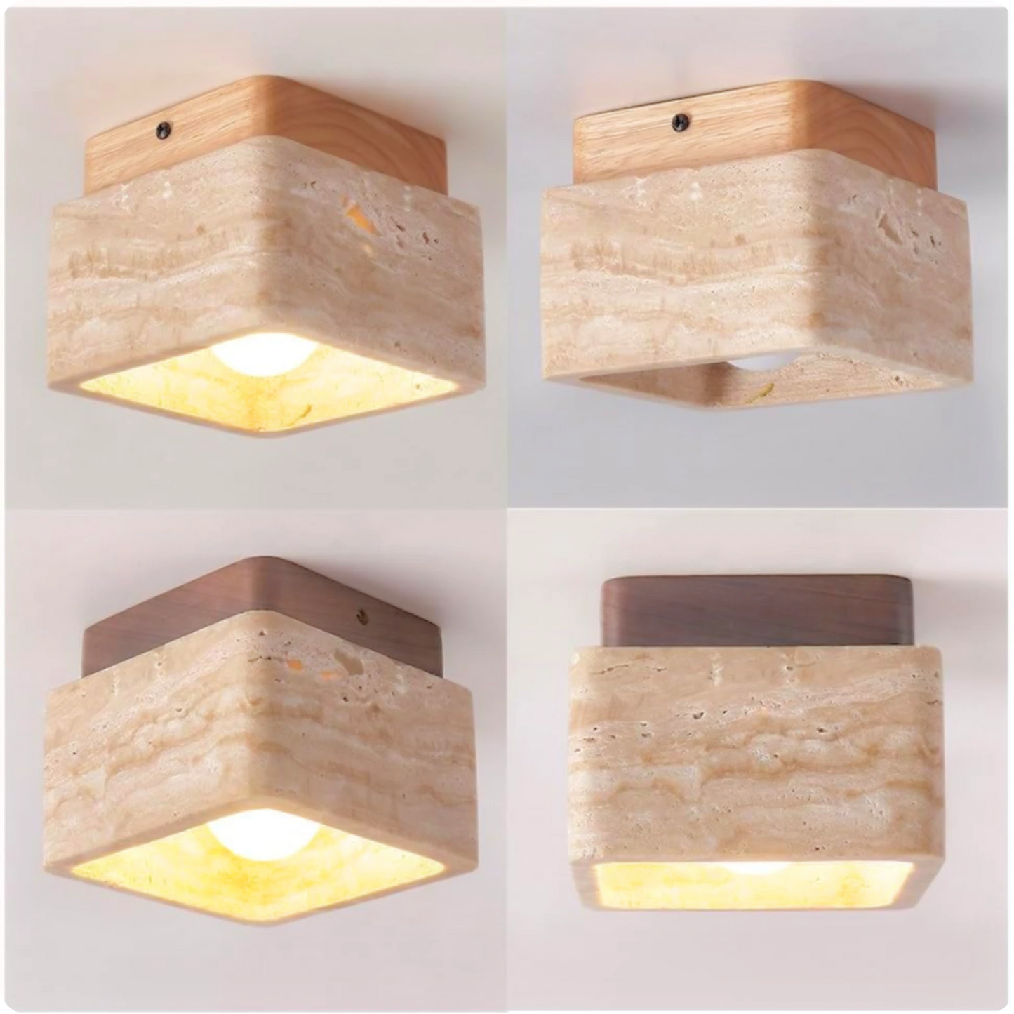 Plafonnier carré en pierre travertin et bois noyer pour lumière chaude - PlafonnierDeco