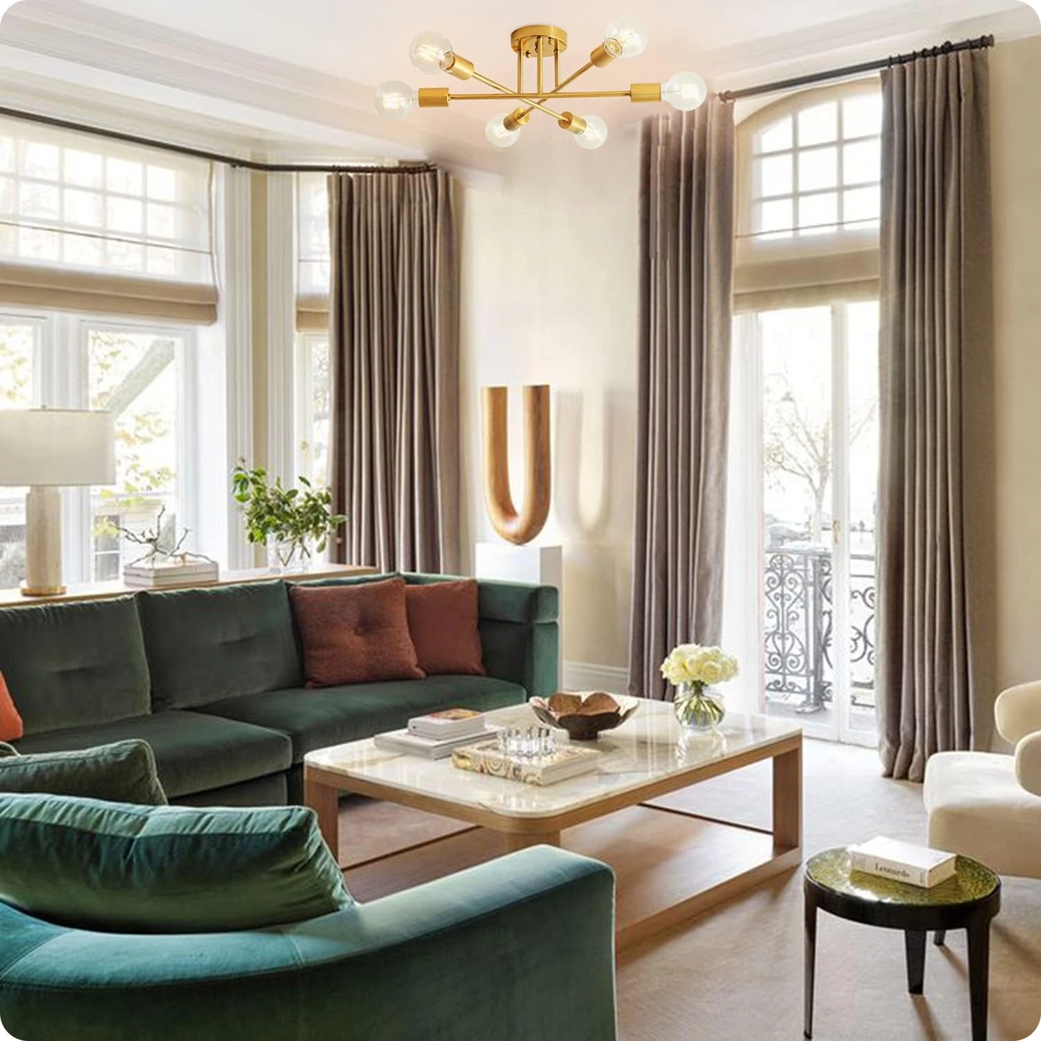 Plafonnier Design Art Moderne 6 Douilles Fer Plaqué Or Antique - PlafonnierDeco