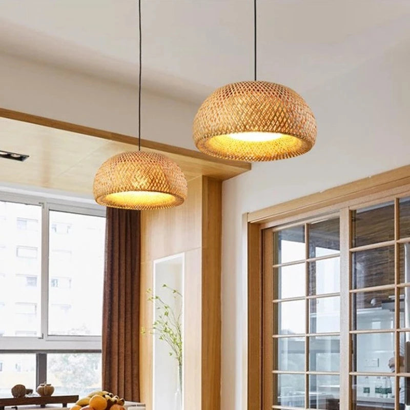 Plafonnier Suspendu Style Tressé Naturel en Forme Ronde