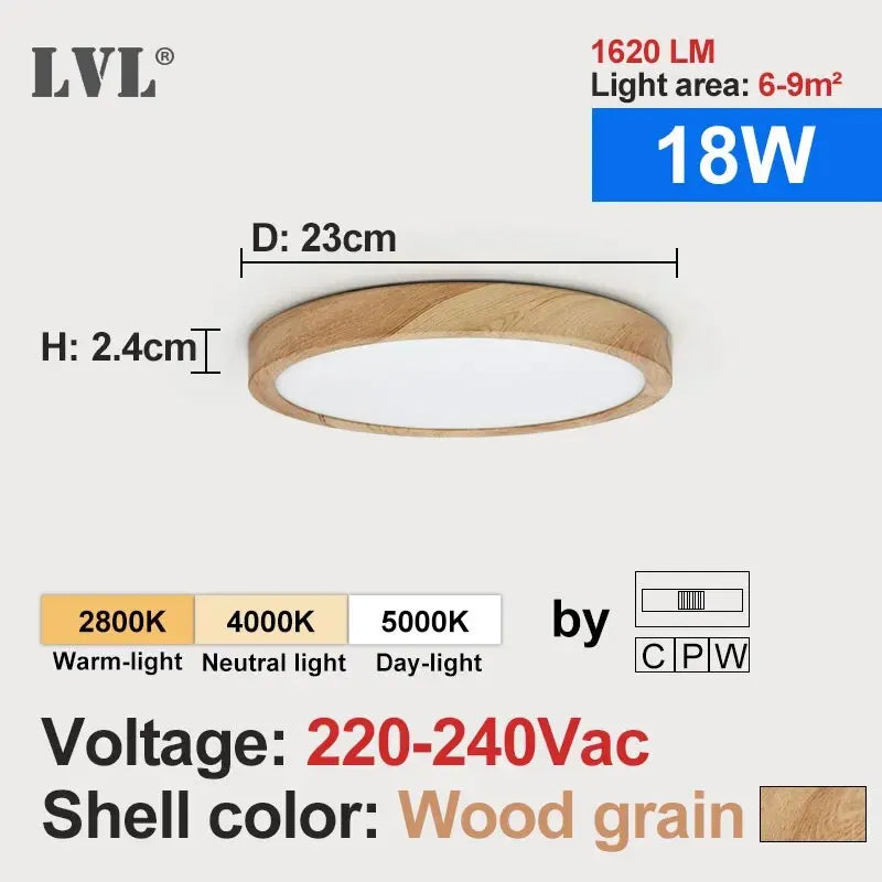 Plafonnier Rond Finition Bois LED | Températures de Couleur Ajustables