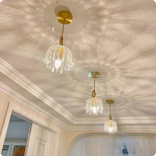 Plafonnier suspendu en verre et cristal doré à LED – Éclairage doux et raffiné - PlafonnierDeco