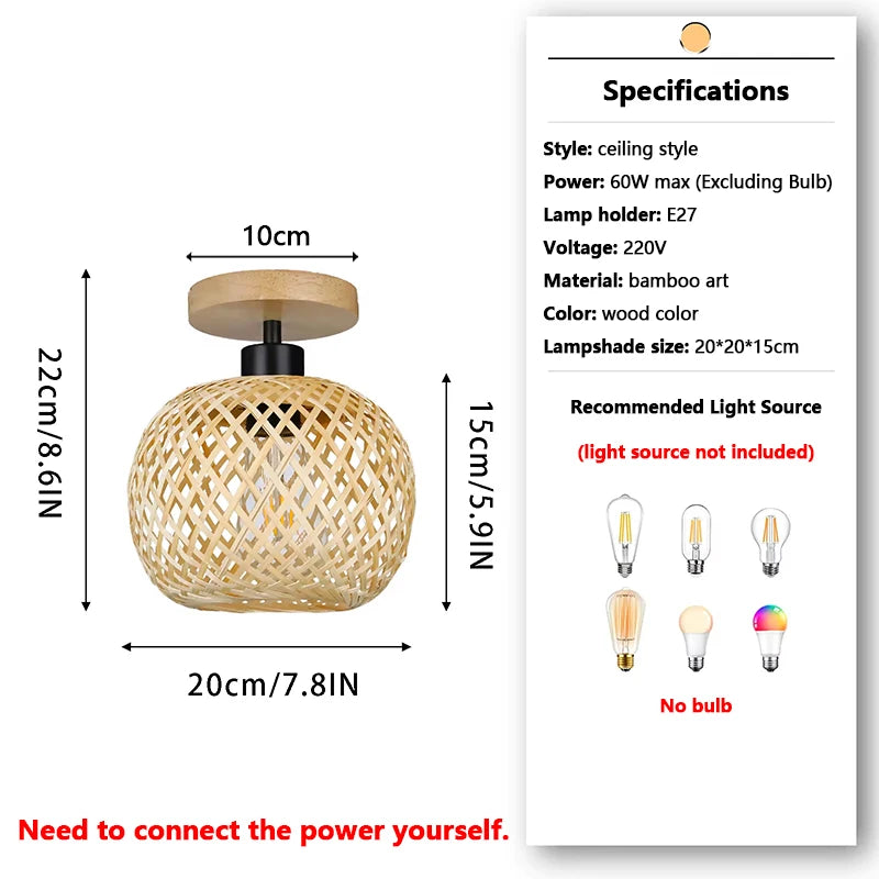 Plafonnier Suspendu Style Tressé Naturel en Forme Ronde