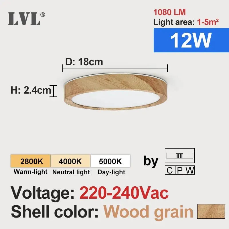 Plafonnier Rond Finition Bois LED | Températures de Couleur Ajustables