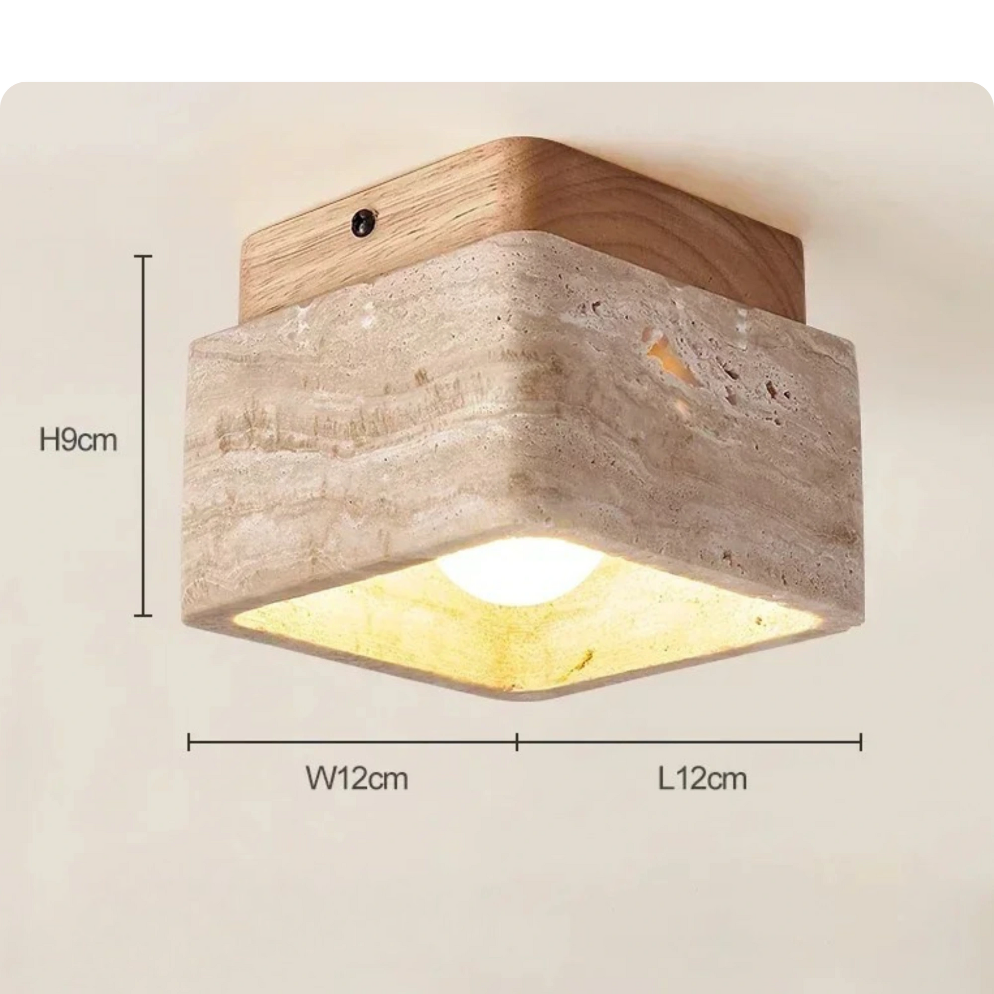 Plafonnier carré en pierre travertin et bois noyer pour lumière chaude - PlafonnierDeco