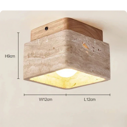 Plafonnier carré en pierre travertin et bois noyer pour lumière chaude - PlafonnierDeco