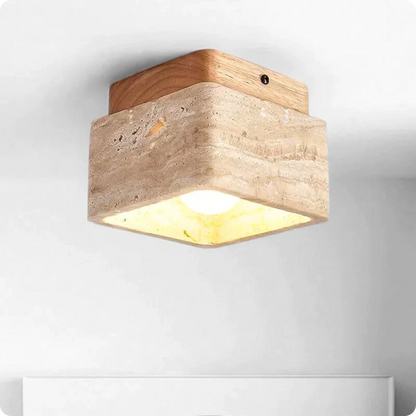 Plafonnier carré en pierre travertin et bois noyer pour lumière chaude - PlafonnierDeco