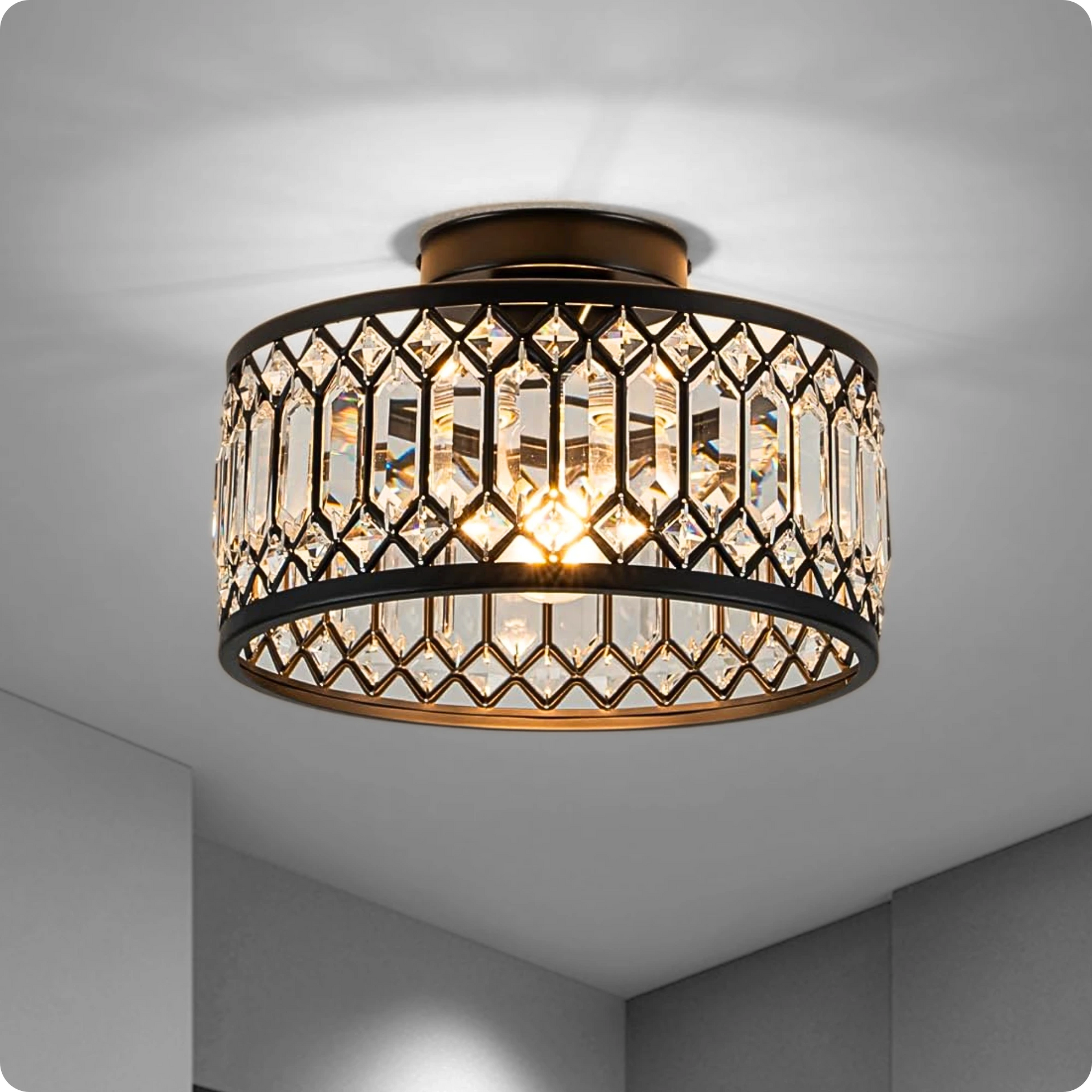 Plafonnier en verre et fer noir avec éclat cristal moderne - PlafonnierDeco