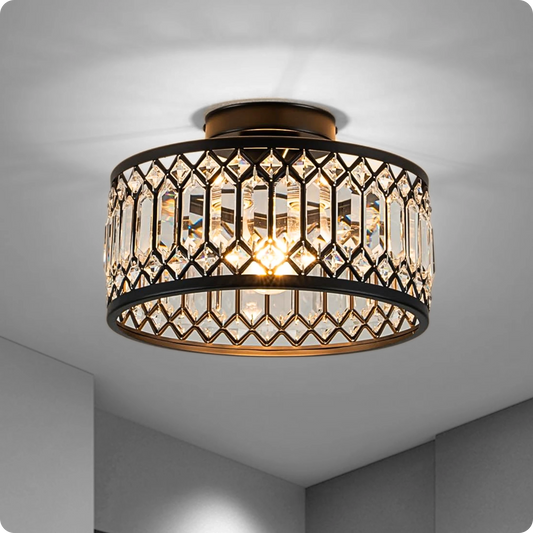 Plafonnier en verre et fer noir avec éclat cristal moderne - PlafonnierDeco