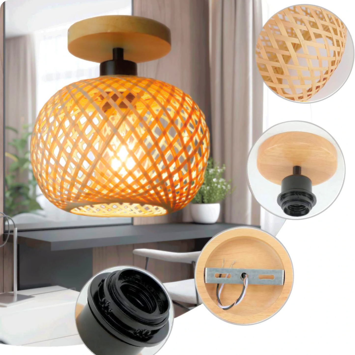 Plafonnier Suspendu Style Tressé Naturel en Forme Ronde - PlafonnierDeco