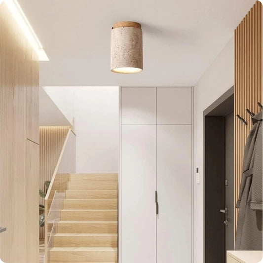 Plafonnier rond bois et plâtre avec éclairage LED doux et moderne - PlafonnierDeco