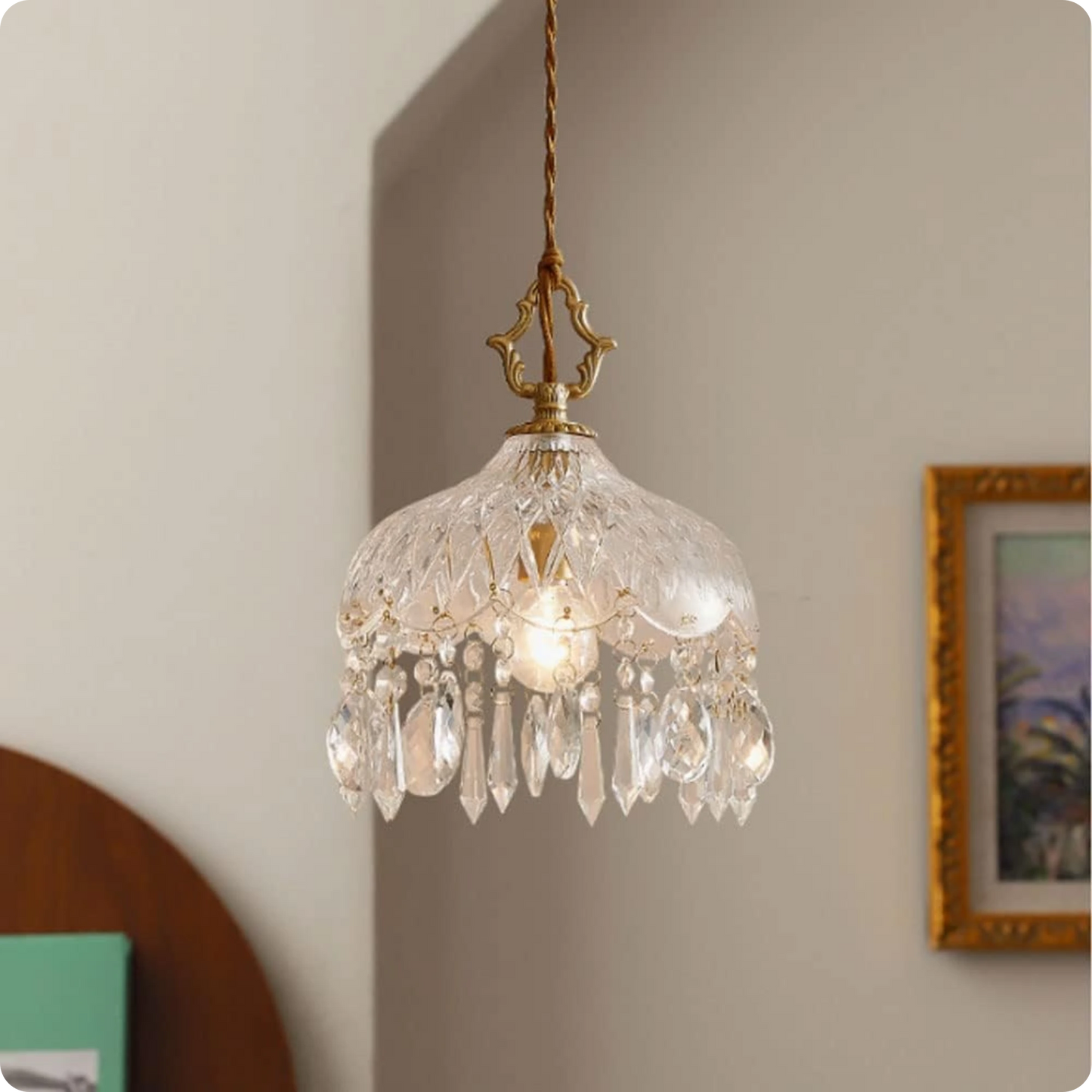 Plafonnier suspendu en verre et cristal doré à LED – Éclairage doux et raffiné - PlafonnierDeco