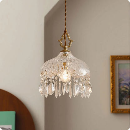 Plafonnier suspendu en verre et cristal doré à LED – Éclairage doux et raffiné - PlafonnierDeco