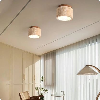 Plafonnier rond bois et plâtre avec éclairage LED doux et moderne - PlafonnierDeco