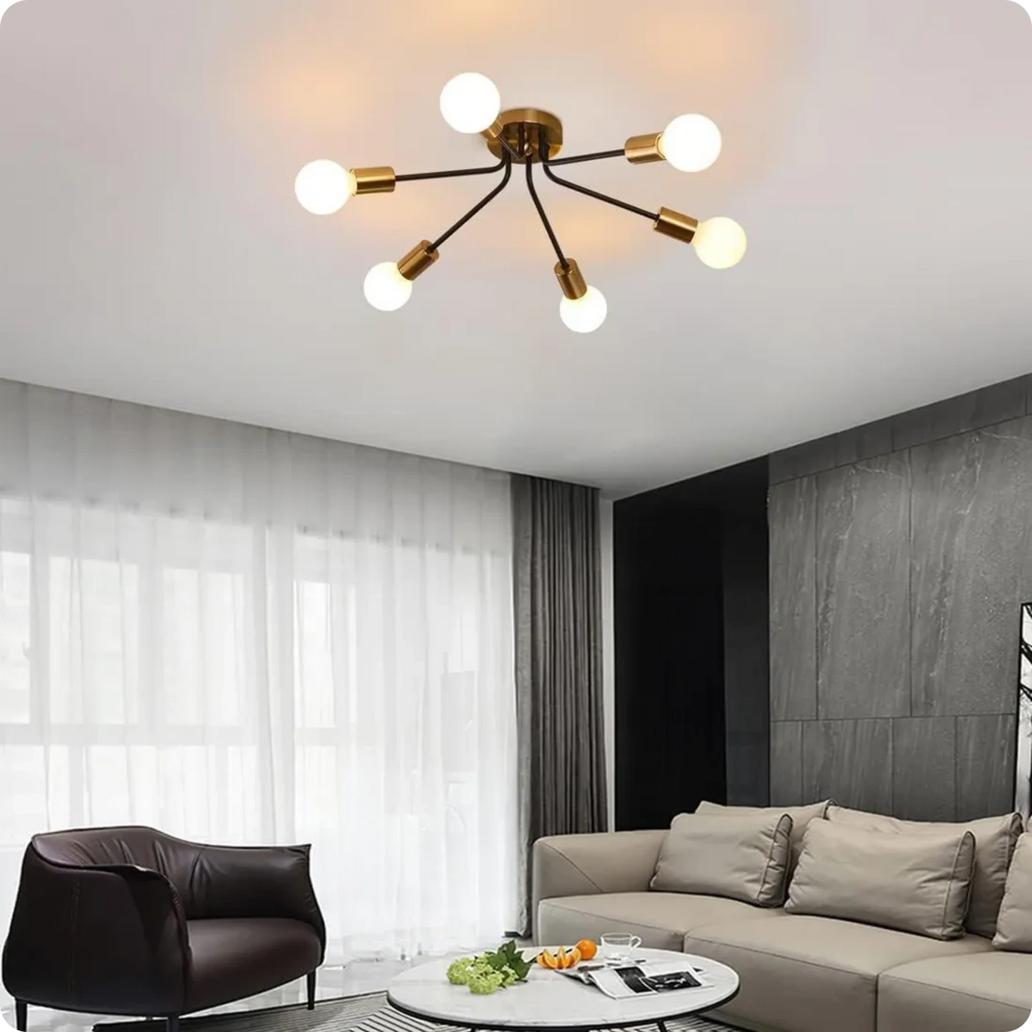 Plafonnier métal style Sputnik avec bras multiples et lumière homogène