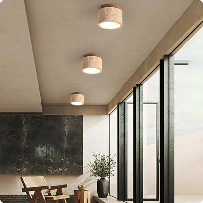 Plafonnier rond bois et plâtre avec éclairage LED doux et moderne - PlafonnierDeco