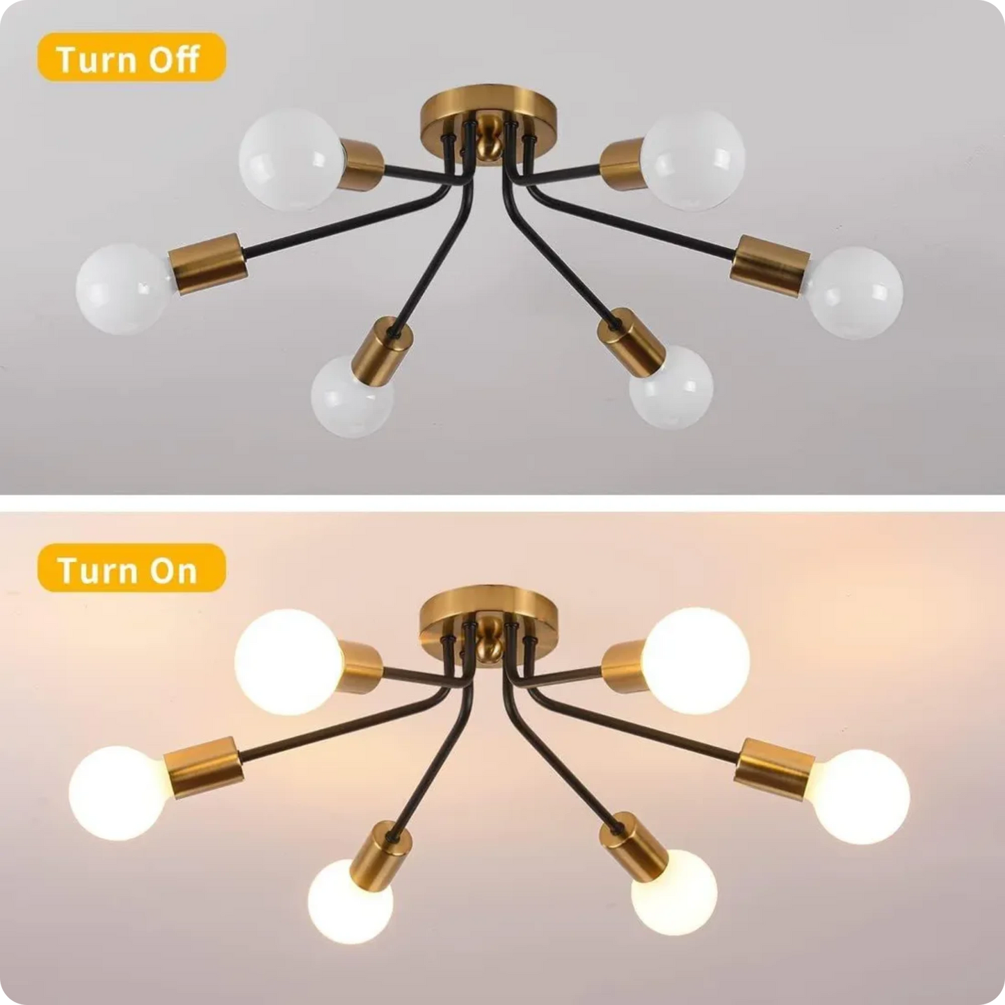 Plafonnier métal style Sputnik avec bras multiples et lumière homogène