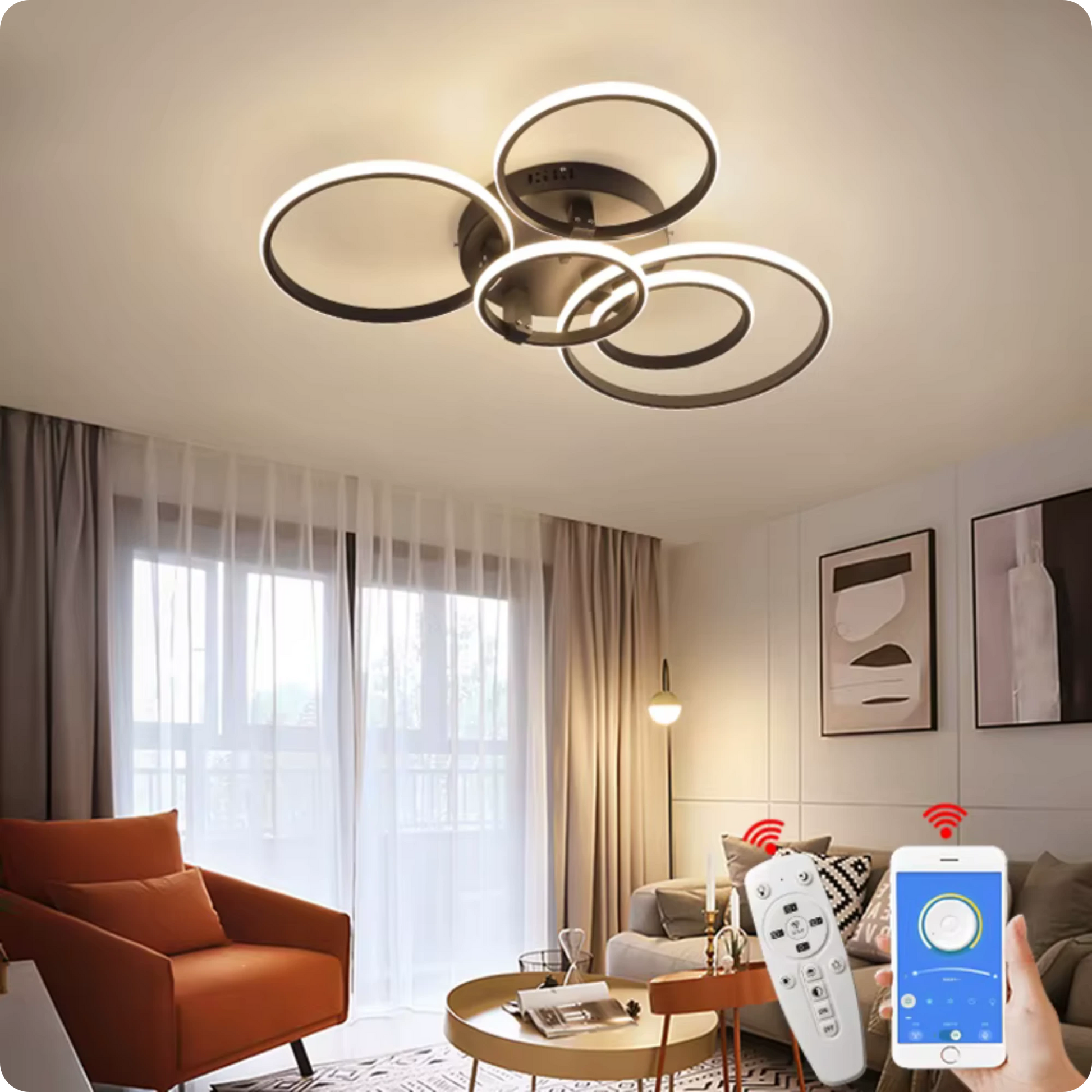 Plafonnier Design LED Anneaux Superposés Noir avec Télécommande APP - PlafonnierDeco