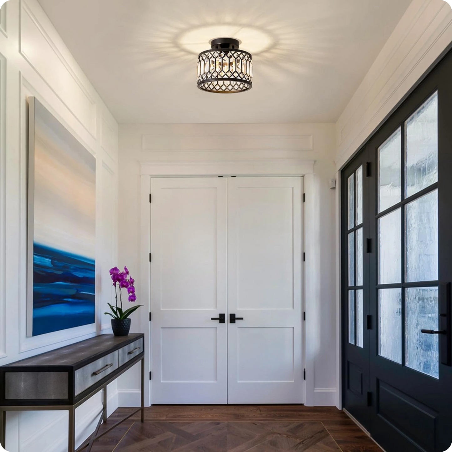 Plafonnier en verre et fer noir avec éclat cristal moderne - PlafonnierDeco