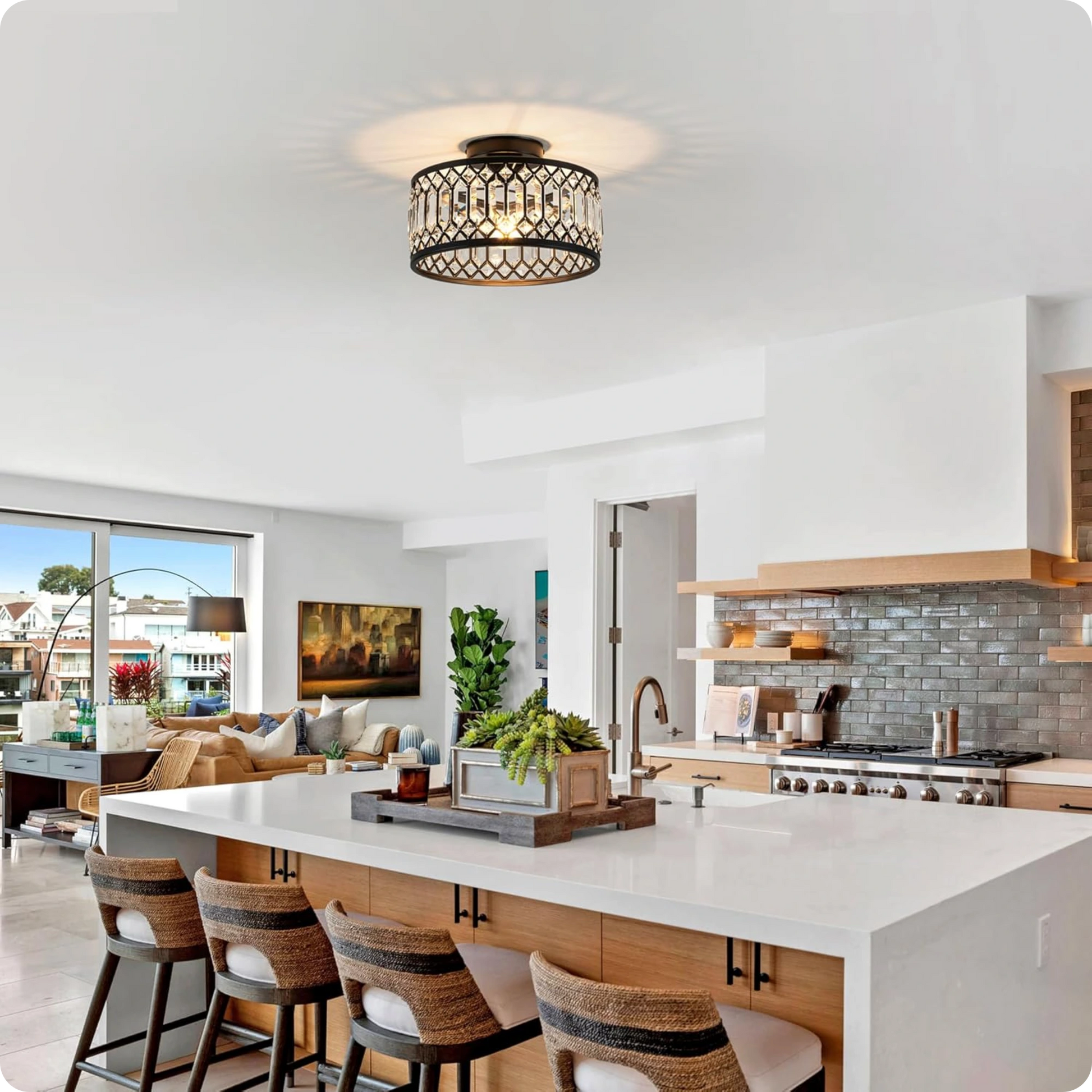 Plafonnier en verre et fer noir avec éclat cristal moderne - PlafonnierDeco