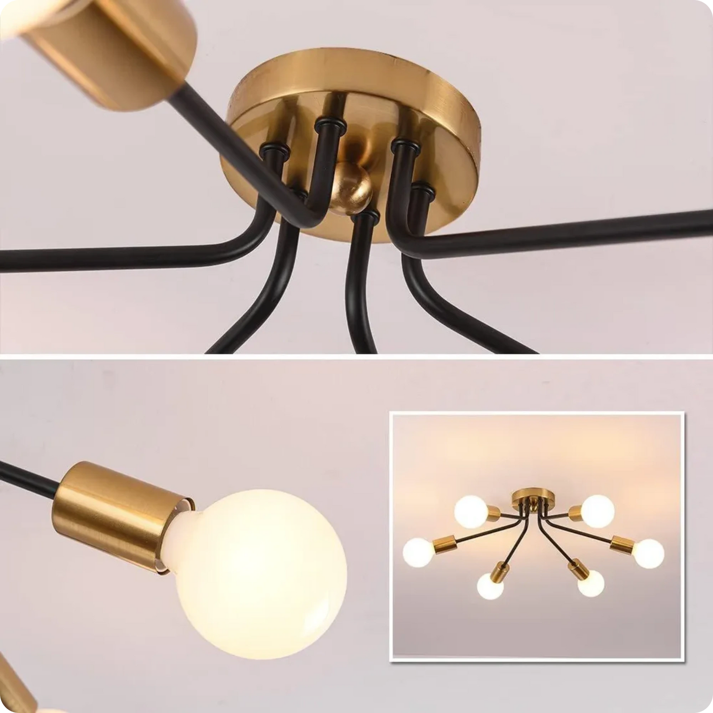 Plafonnier métal style Sputnik avec bras multiples et lumière homogène