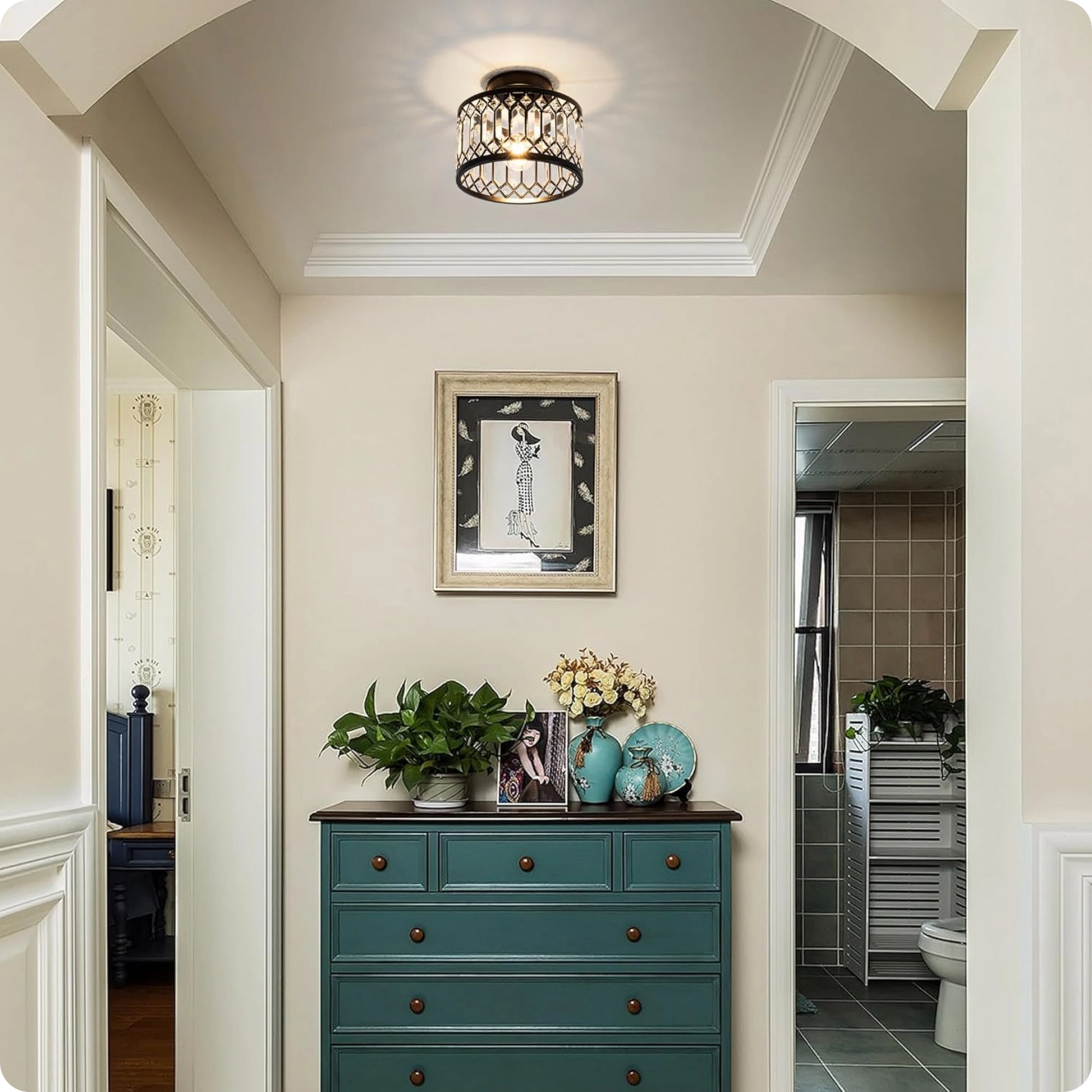 Plafonnier en verre et fer noir avec éclat cristal moderne - PlafonnierDeco