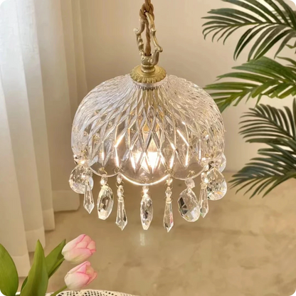 Plafonnier suspendu en verre et cristal doré à LED – Éclairage doux et raffiné - PlafonnierDeco