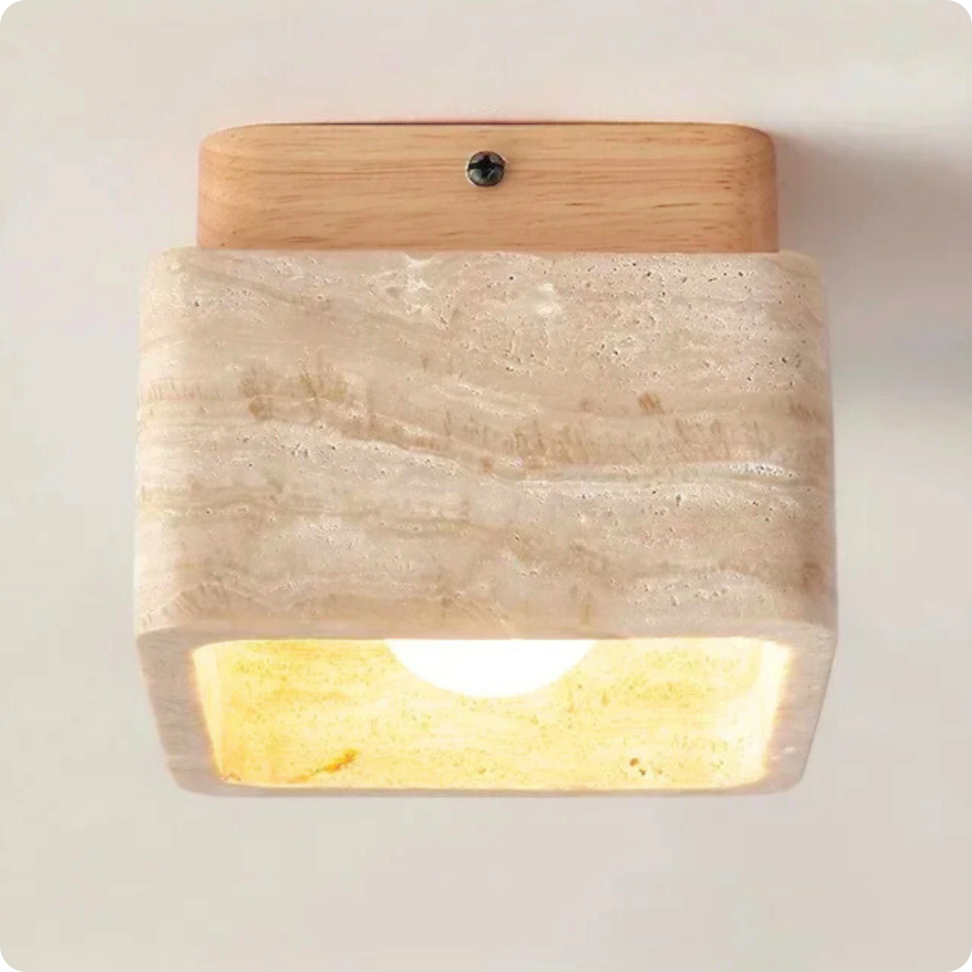 Plafonnier carré en pierre travertin et bois noyer pour lumière chaude - PlafonnierDeco