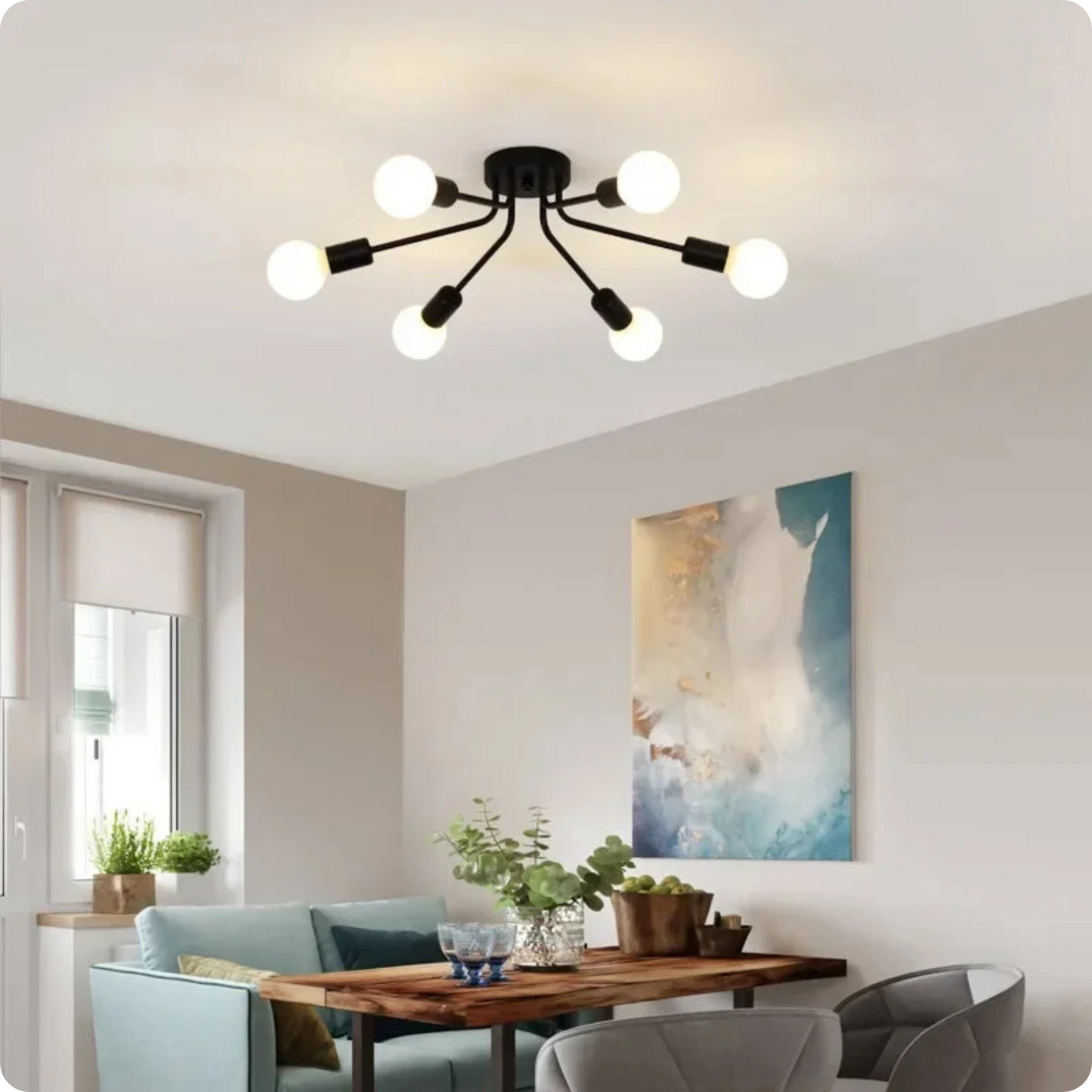 Plafonnier métal style Sputnik avec bras multiples et lumière homogène
