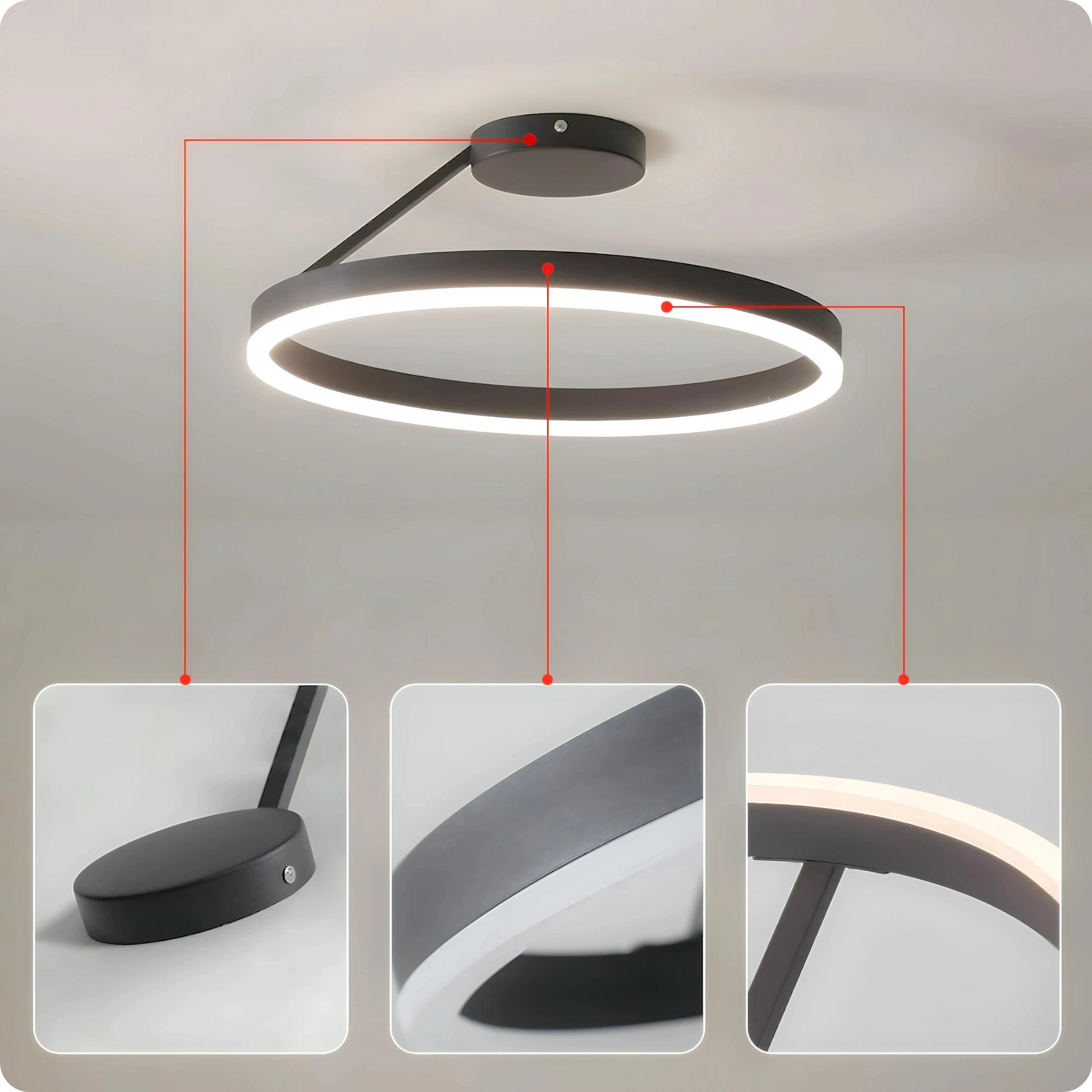 Plafonnier Design LED Anneau Noir Minimaliste à Intensité Réglable - PlafonnierDeco
