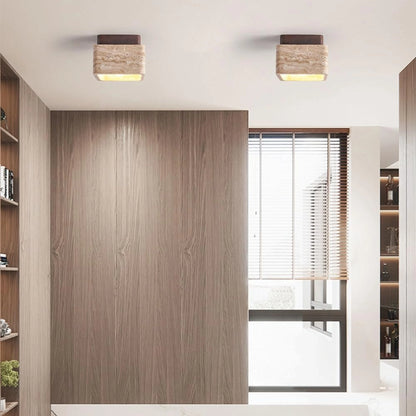 Plafonnier carré en pierre travertin et bois noyer pour lumière chaude - PlafonnierDeco