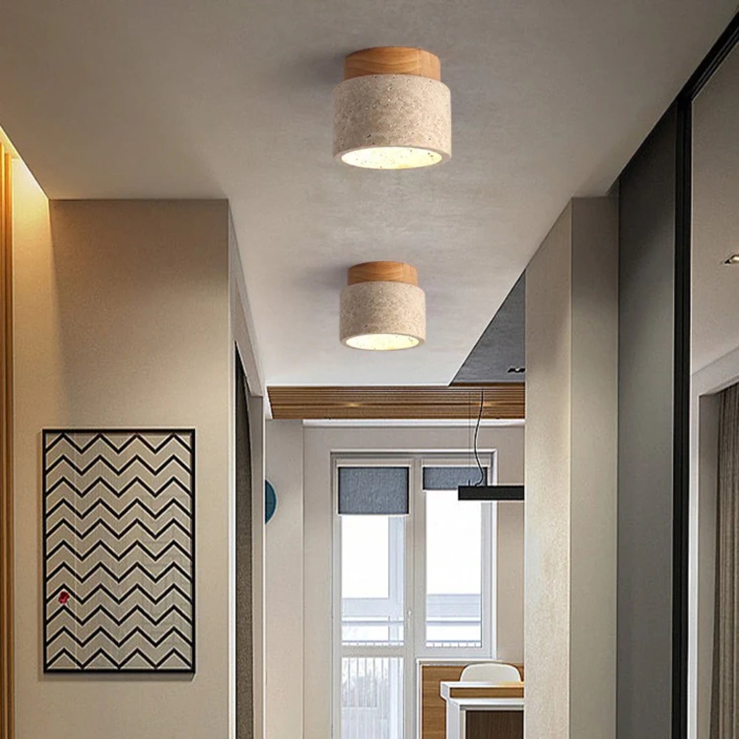 Plafonnier rond bois et plâtre avec éclairage LED doux et moderne - PlafonnierDeco
