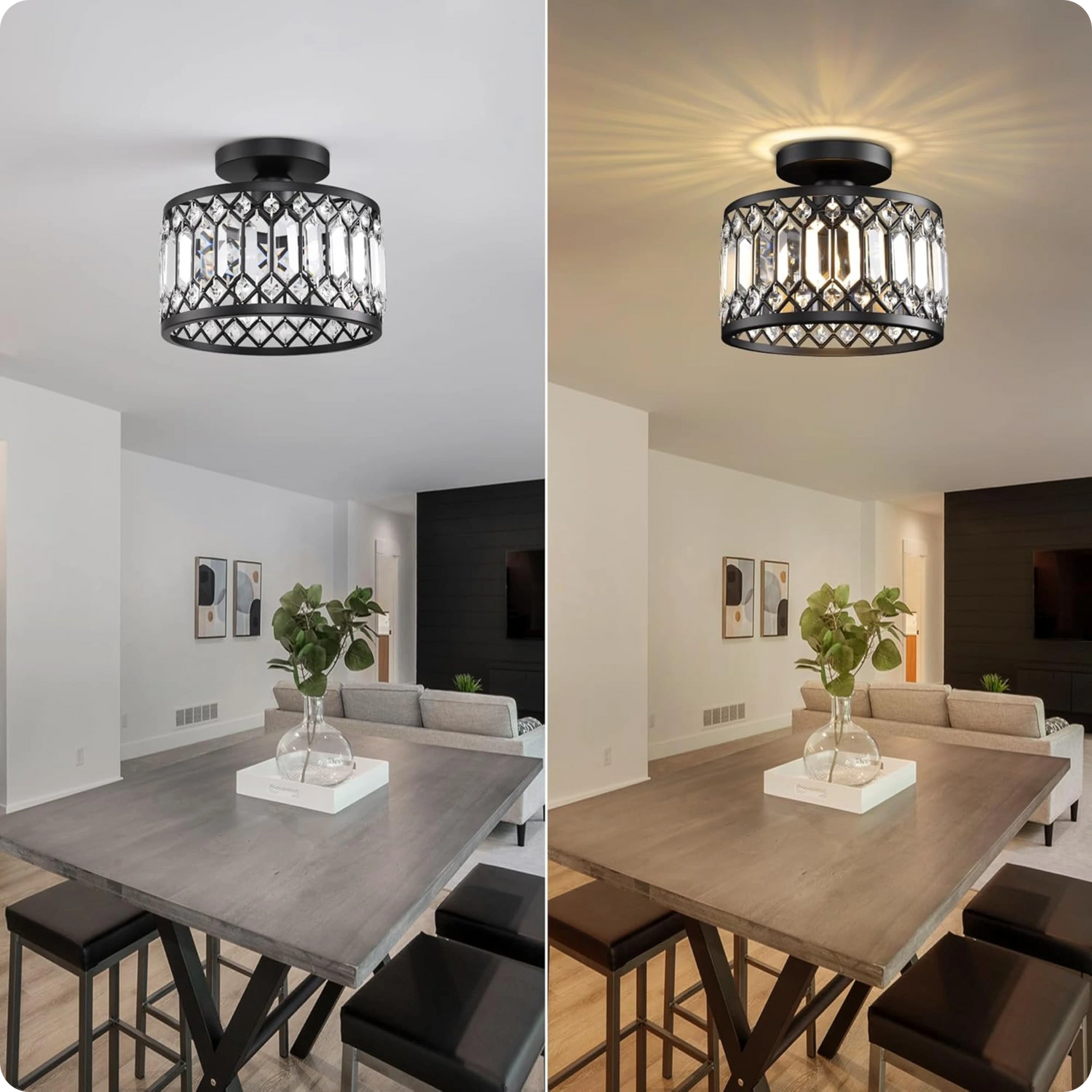 Plafonnier en verre et fer noir avec éclat cristal moderne - PlafonnierDeco