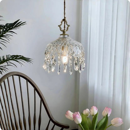 Plafonnier suspendu en verre et cristal doré à LED – Éclairage doux et raffiné - PlafonnierDeco