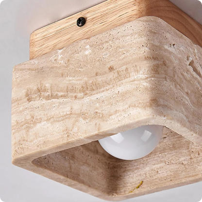 Plafonnier carré en pierre travertin et bois noyer pour lumière chaude - PlafonnierDeco