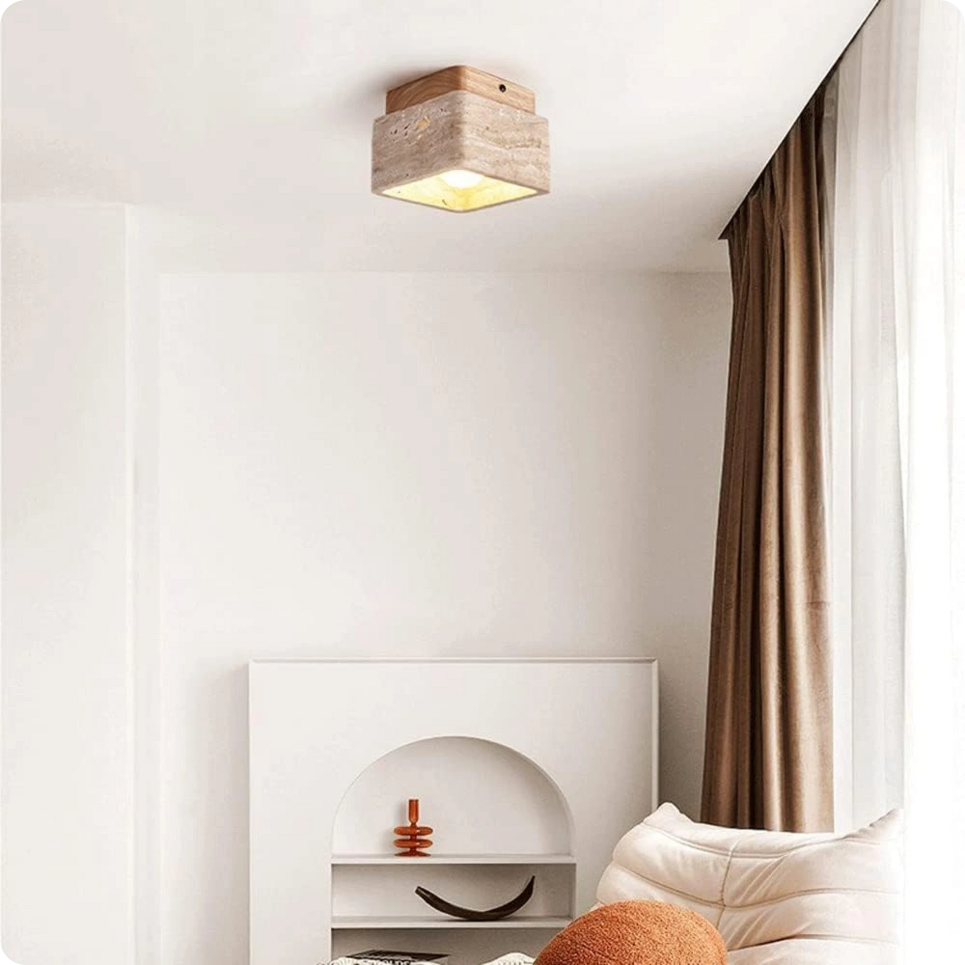 Plafonnier carré en pierre travertin et bois noyer pour lumière chaude - PlafonnierDeco