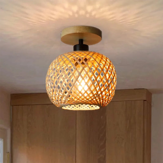 Plafonnier Suspendu Style Tressé Naturel en Forme Ronde