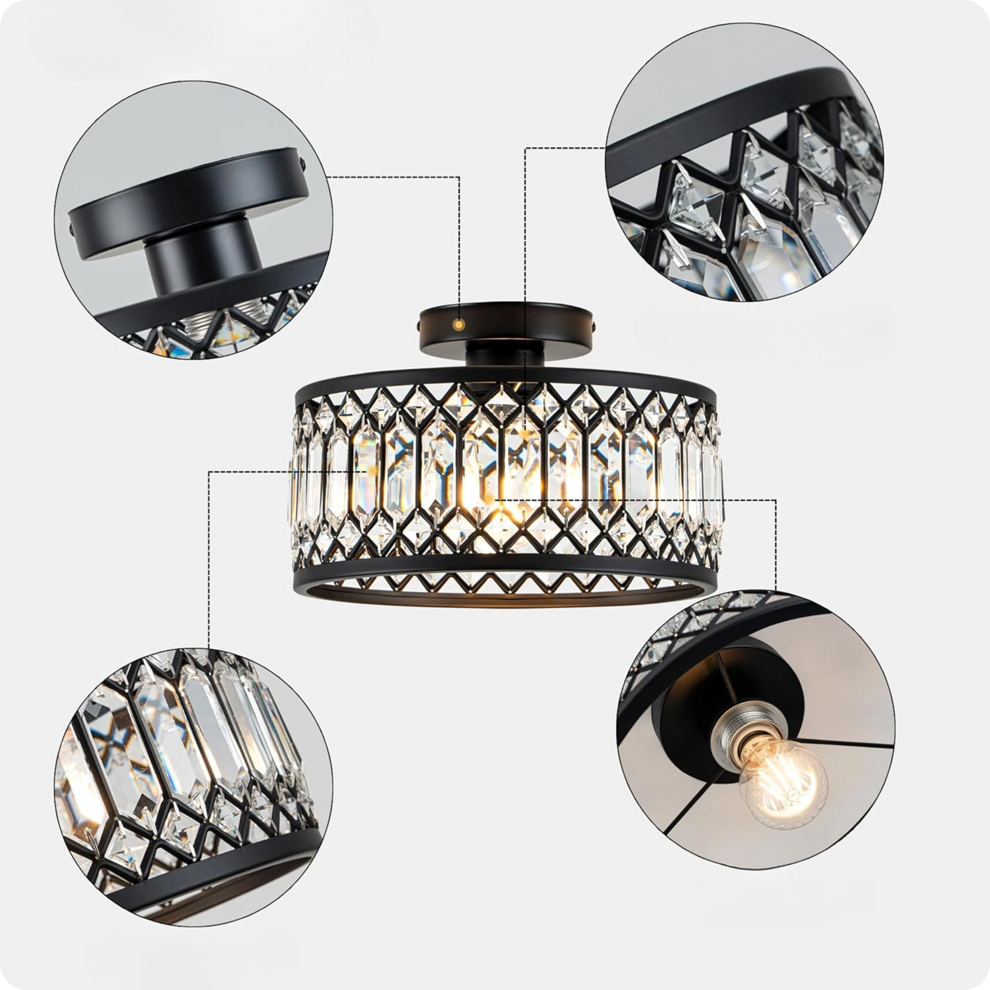 Plafonnier en verre et fer noir avec éclat cristal moderne - PlafonnierDeco