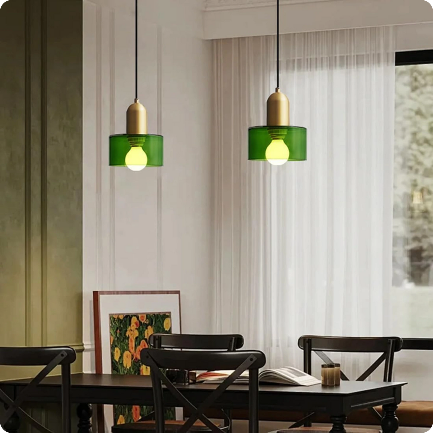 Plafonnier Design Verre Vert Fumé en Suspension Longue LED E27 - PlafonnierDeco