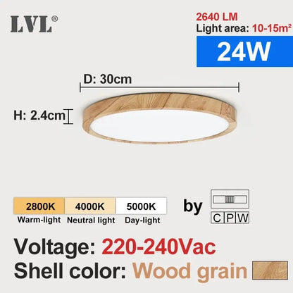 Plafonnier Rond Finition Bois LED | Températures de Couleur Ajustables