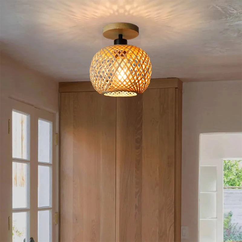 Plafonnier Suspendu Style Tressé Naturel en Forme Ronde